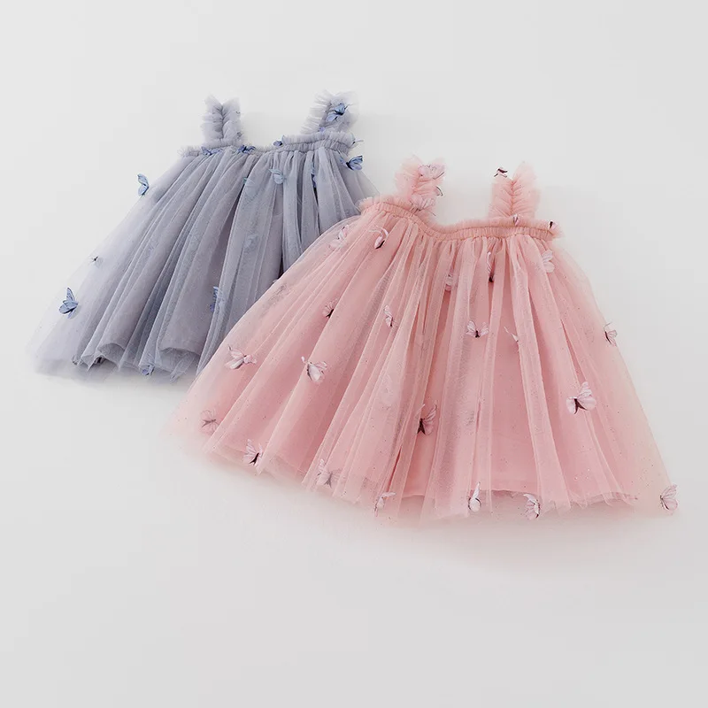 New Baby Girl Clothes Solid Colour Sweet Butterfly Decorated Mesh Sling Baby Girl Dress Birthday Party Cute Princess Puffy Dress