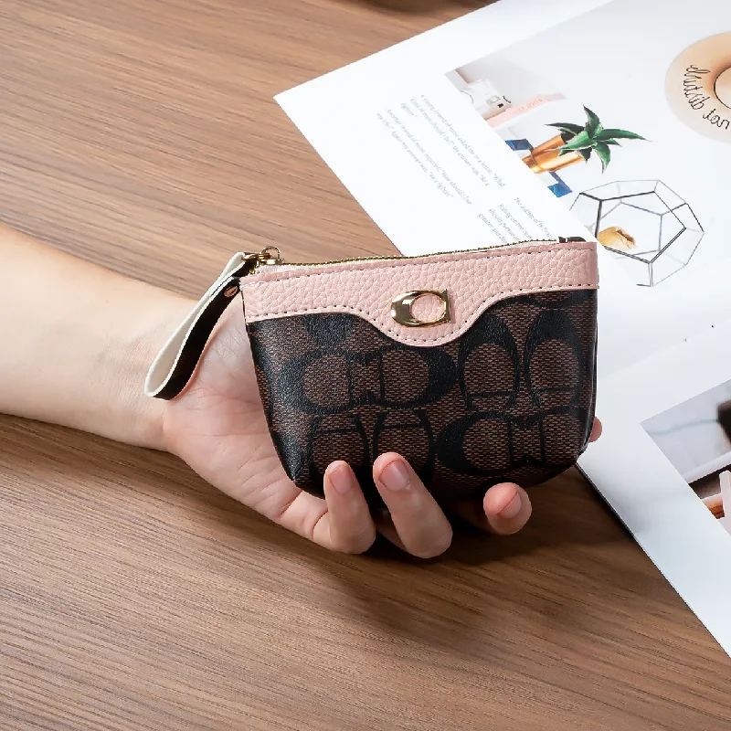 Women's Vintage Monogram Coin Purse Mini Zip Wallet With Contrast Color Trim & Wrist Strap