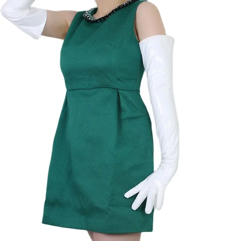 エクストラロング-60-センチメートル女性用パテントレザー手袋ミラーブライトホワイトタッチスクリーン対応-pu-エミュレーションレザー