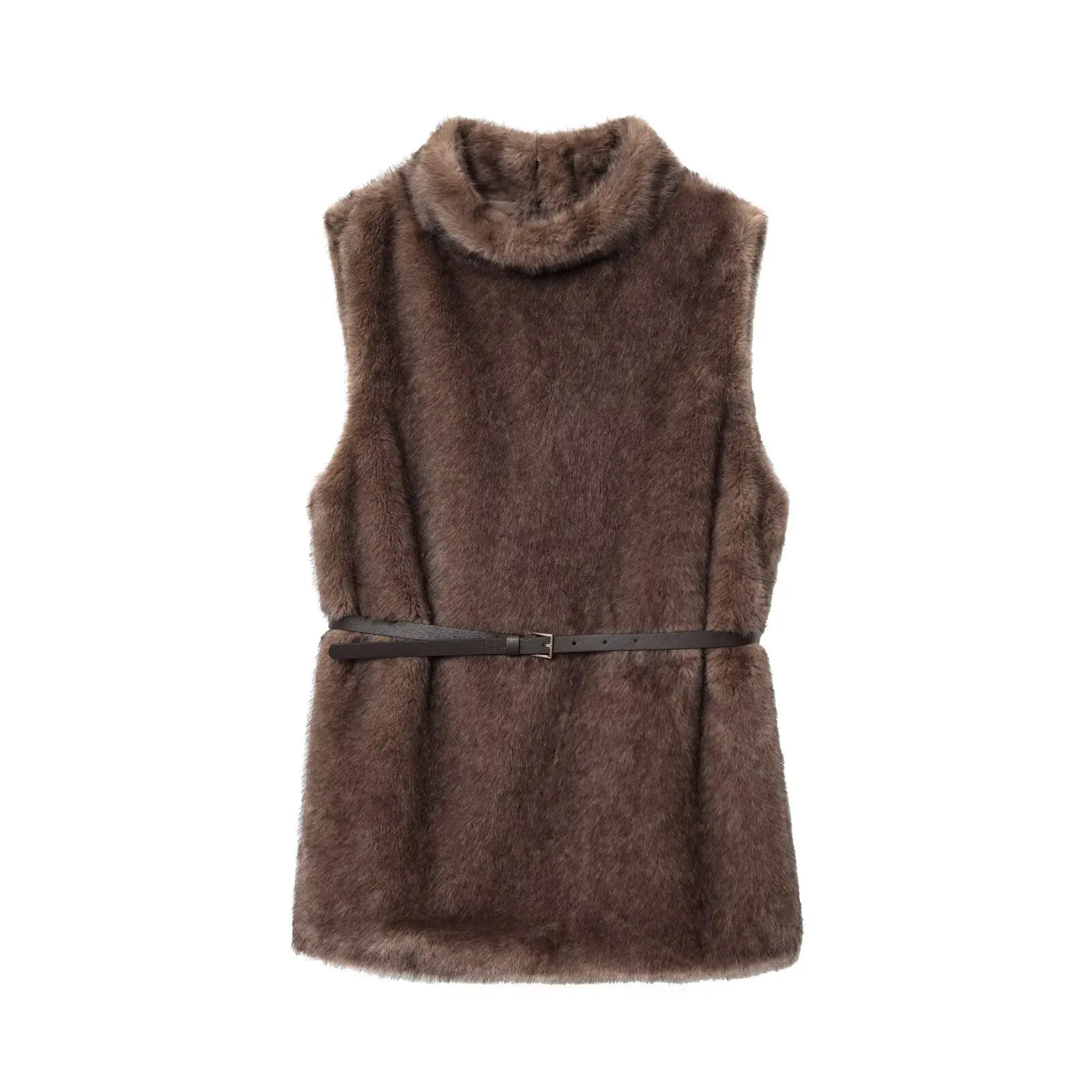 

Autumn Winter Womens Elegant Sleeveless Faux Fur Vest Pollover Belt Lady Vintage Chic Warm Loose Long Turtleneck Waistcoats