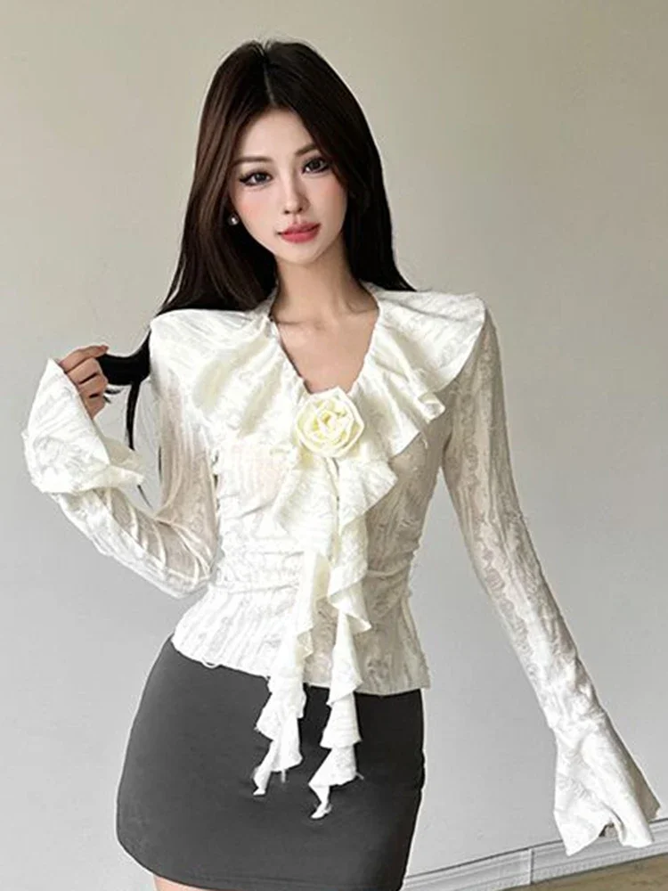 

Zoki 3D Floral Ruffles Y2K T Shirts Women Slim Long Sleeve Hole Gothic Tops Streetwear Harajuku Vintage Lady V Neck Design Tees