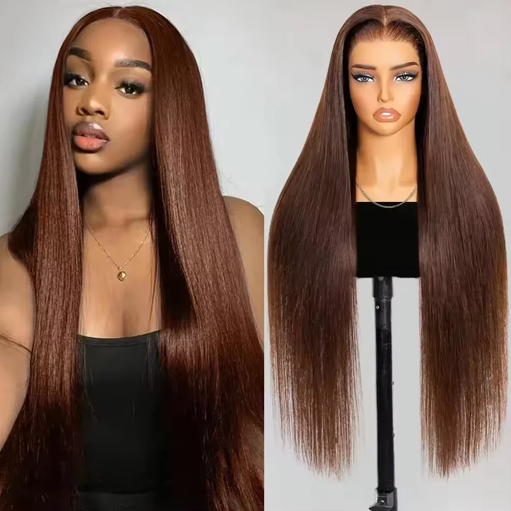 

13x4 Transparent Lace Chocolate Brown Straight Wig 32 Inch Human Hair Glueless Pre Plucked With Baby Hair Colored