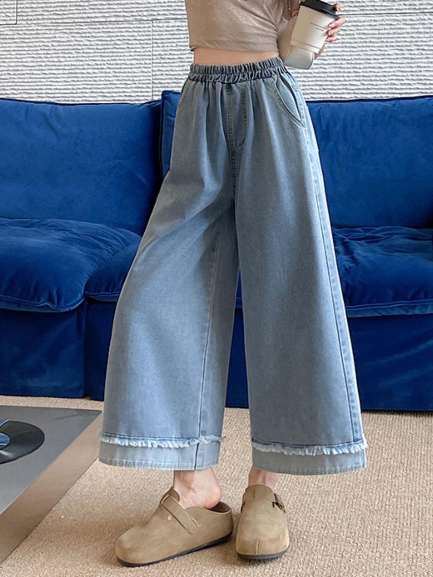 

Blue High Waist Wide Leg Jeans Women's Summer Loose Fit Straight Cut Trousers plus Size Slimming Elastic Waist Denim Pants