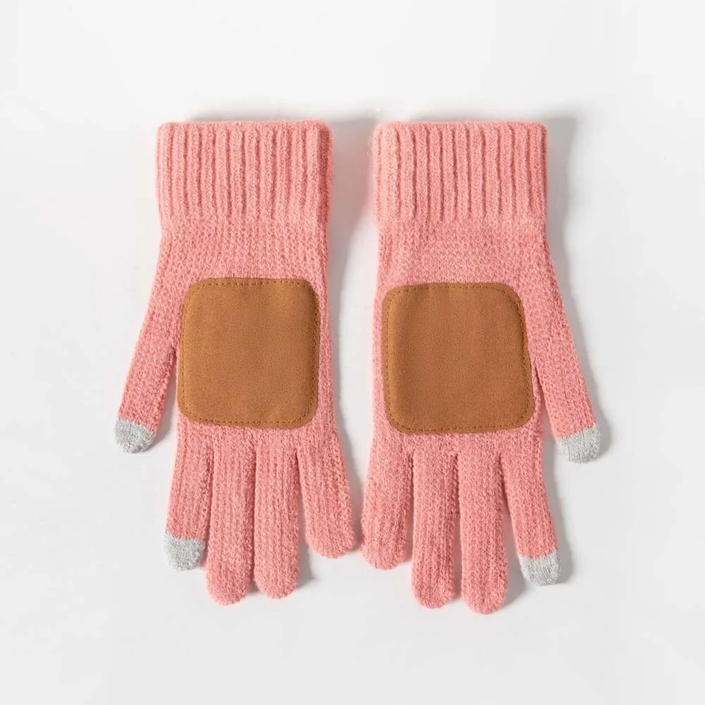 Leather Patch Touchscreen Gloves Knitted Wool Solid Color Winter Knit Mittens High Quality Thick Lining Woolen Warm Gloves
