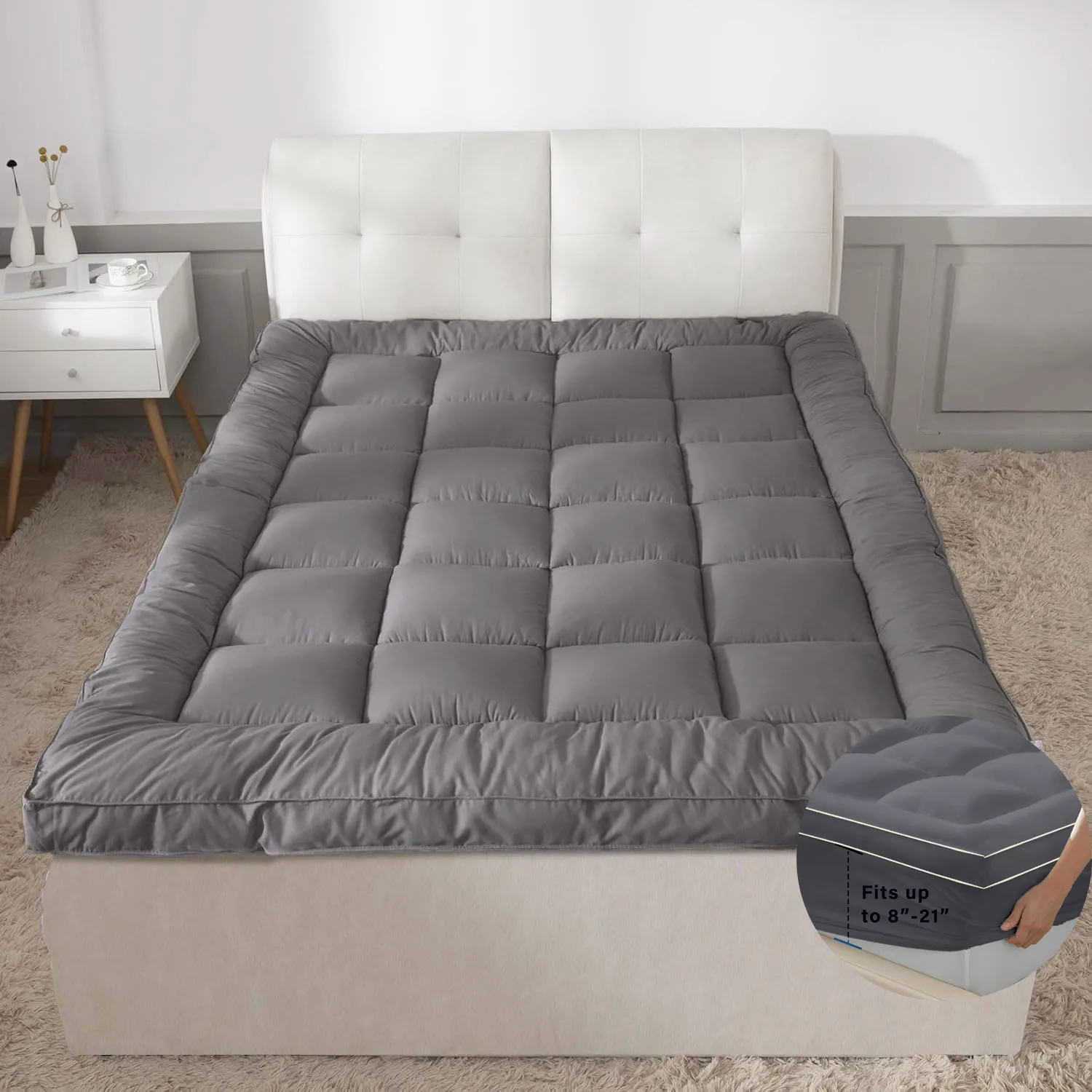 Mattress Topper for Back Pain Relief, Extra Thick Mattress Pad, Soft Plush Mattress Cover Bed Topper, Overfill Down Alternative