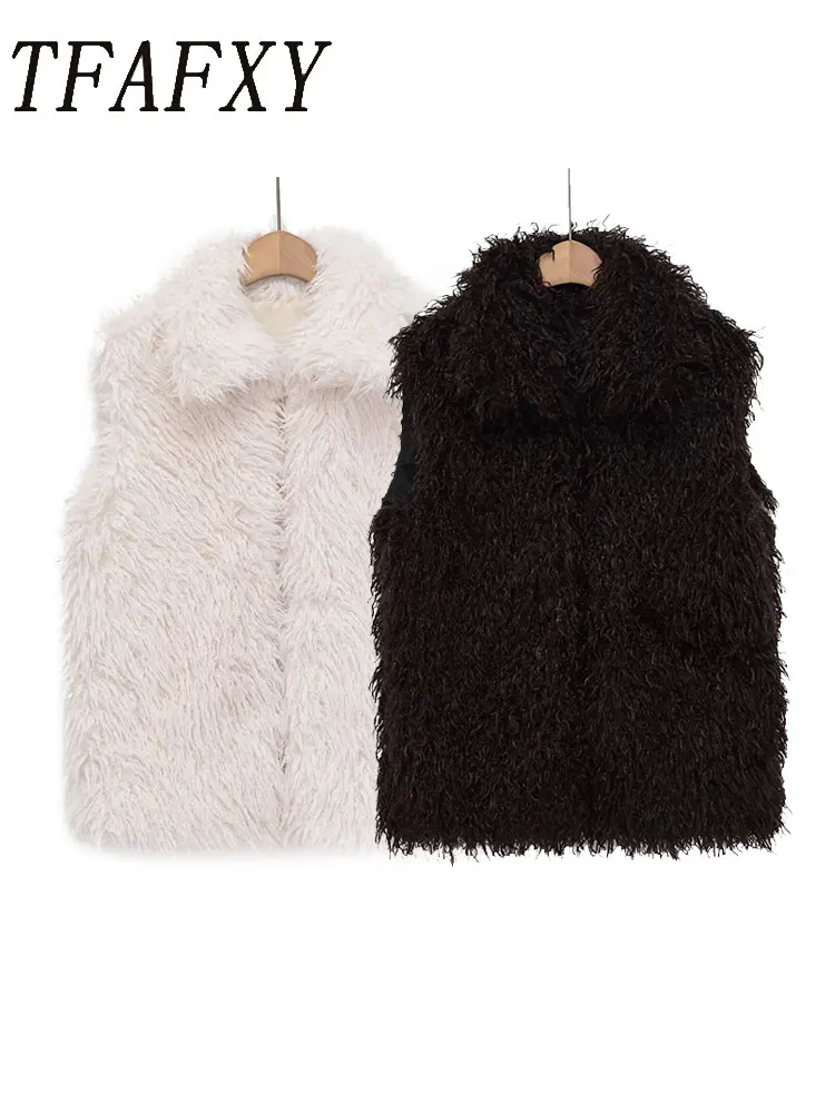 

TFAFXY женское пальто из искусственного меха без рукавов, зима 2023, теплая свободная куртка с отложным воротником, женский короткий жилет, жилет Y2K