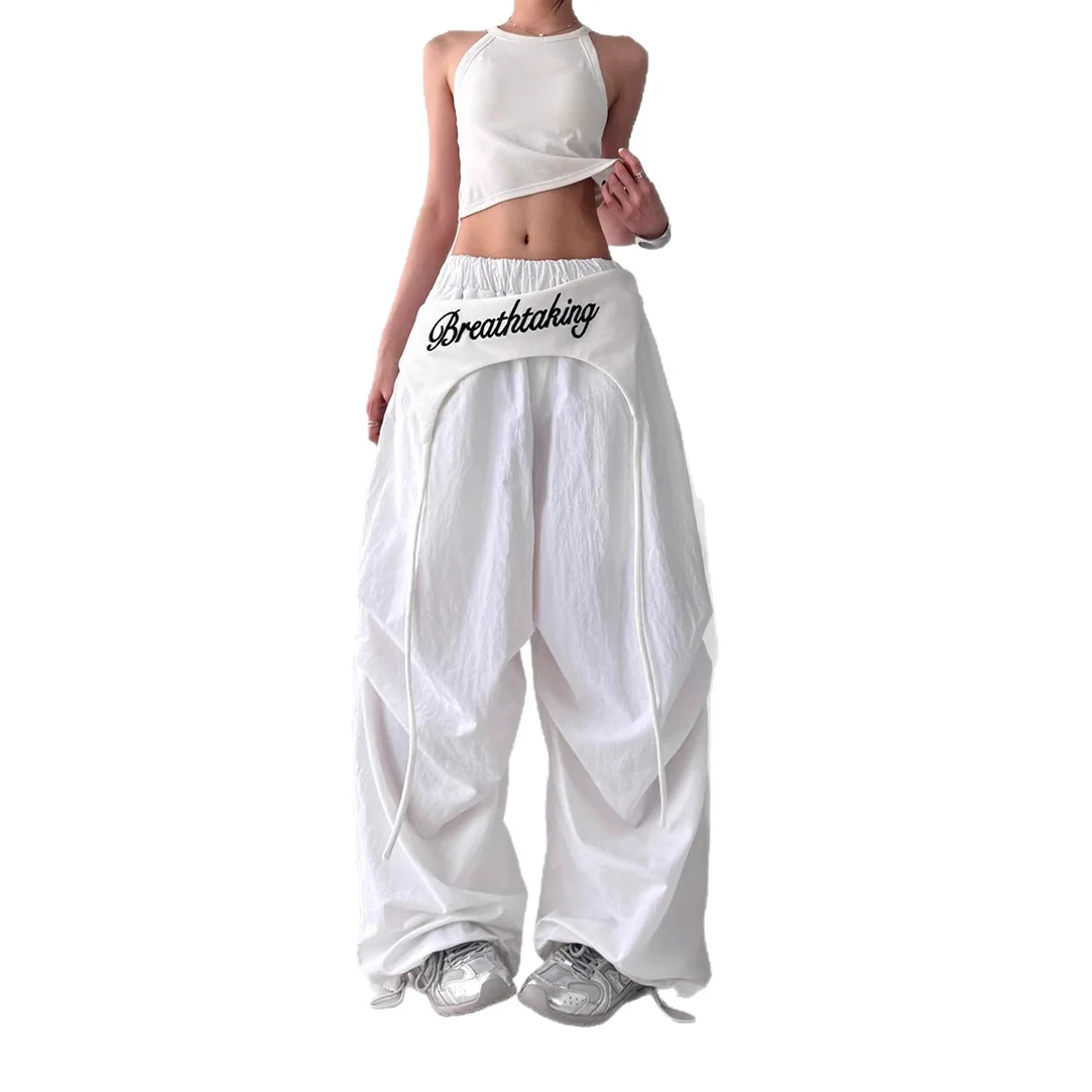 Trendige Hose mit weitem Bein für Damen mit ausgestelltem Saum, mehrlagigem Design, Bindedetails, Hip-Hop-Jazz-Retro-Casual-Loose-Fit-Chimitar-Hose
