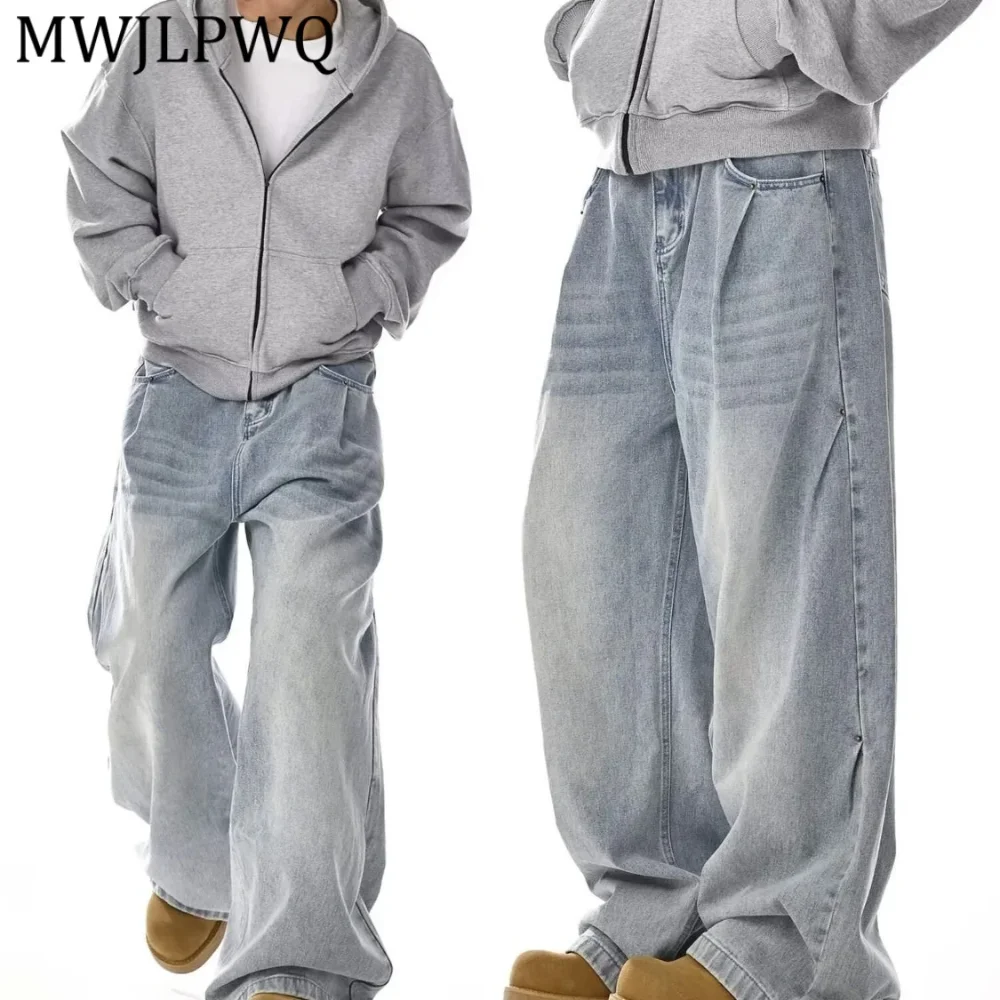 

MWJLPWQ Retro Pleated Washed Blue Jeans For Men American Trendy Design Couple Loose Straight Casual Long Pants Spring New 14854