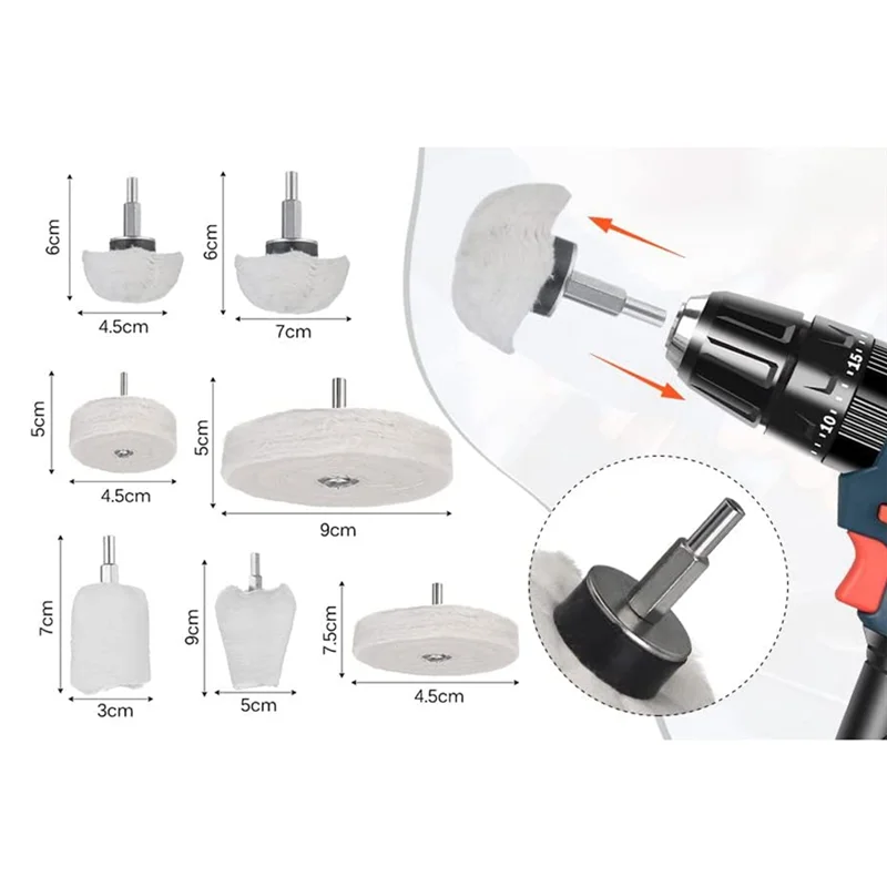 AT14 Paquete de 7 ruedas de pulido para taladro, Kit de rueda pulidora para colector para Metal, aluminio, acero inoxidable, joyería cromada