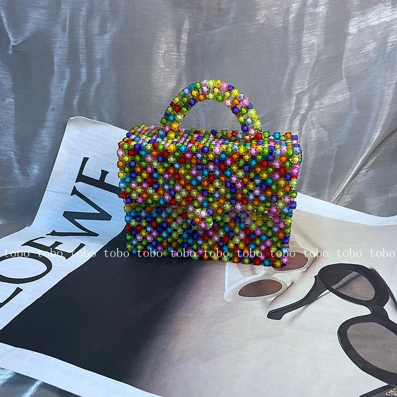 

Colorful Beaded Handmade Tote Bags for Women Square Own Design Ladies Hand Bags High Capacity Acrylic Box Totes Women Purse 2022