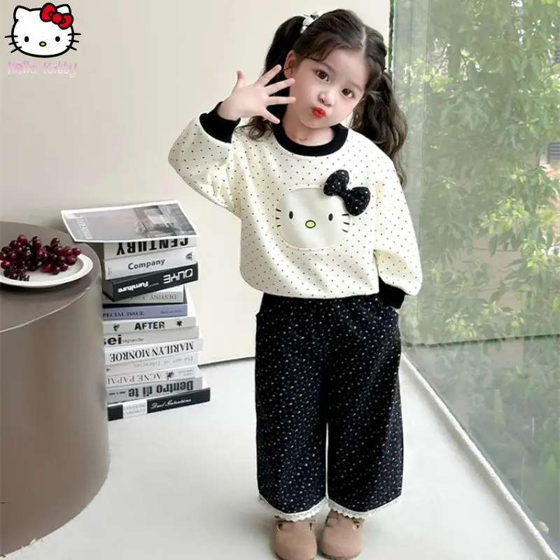 

Sanrio Girl Hello Kitty Polka Dot Sweatshirt Wide Legs Pants Set Anime Student New Kawaii Korean Clothing T Shirt Straight Pants