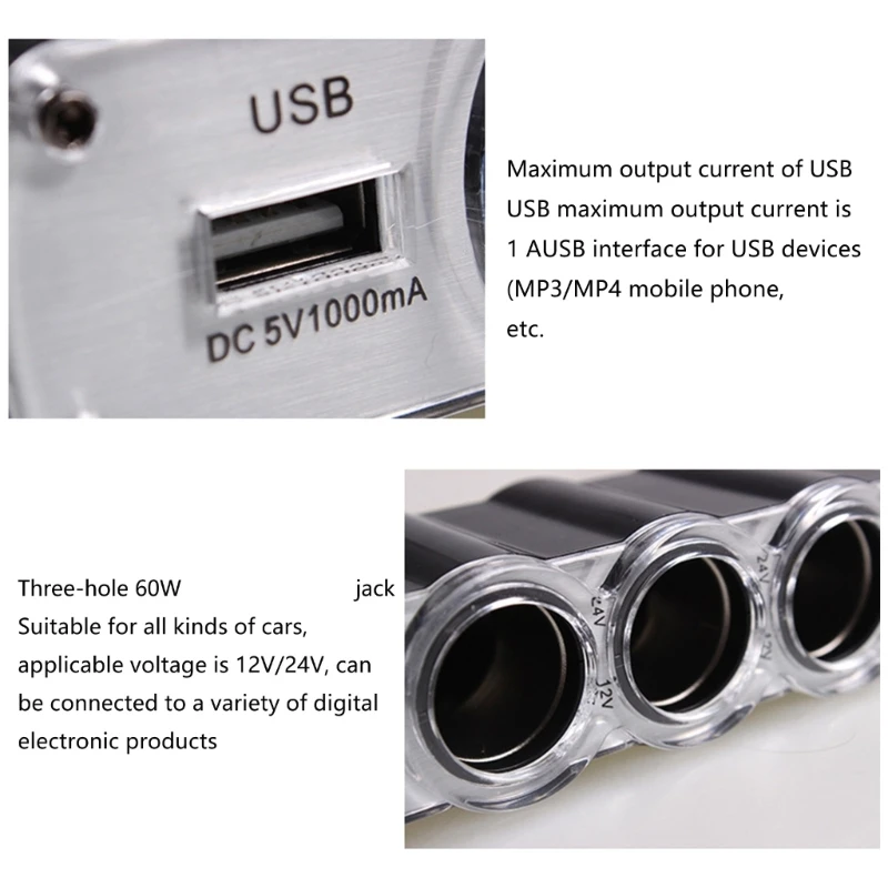 Compact Car Charging Station with 3 Output Interfaces Single USB 5V Car Power Splitter for Simultaneous Device Charging