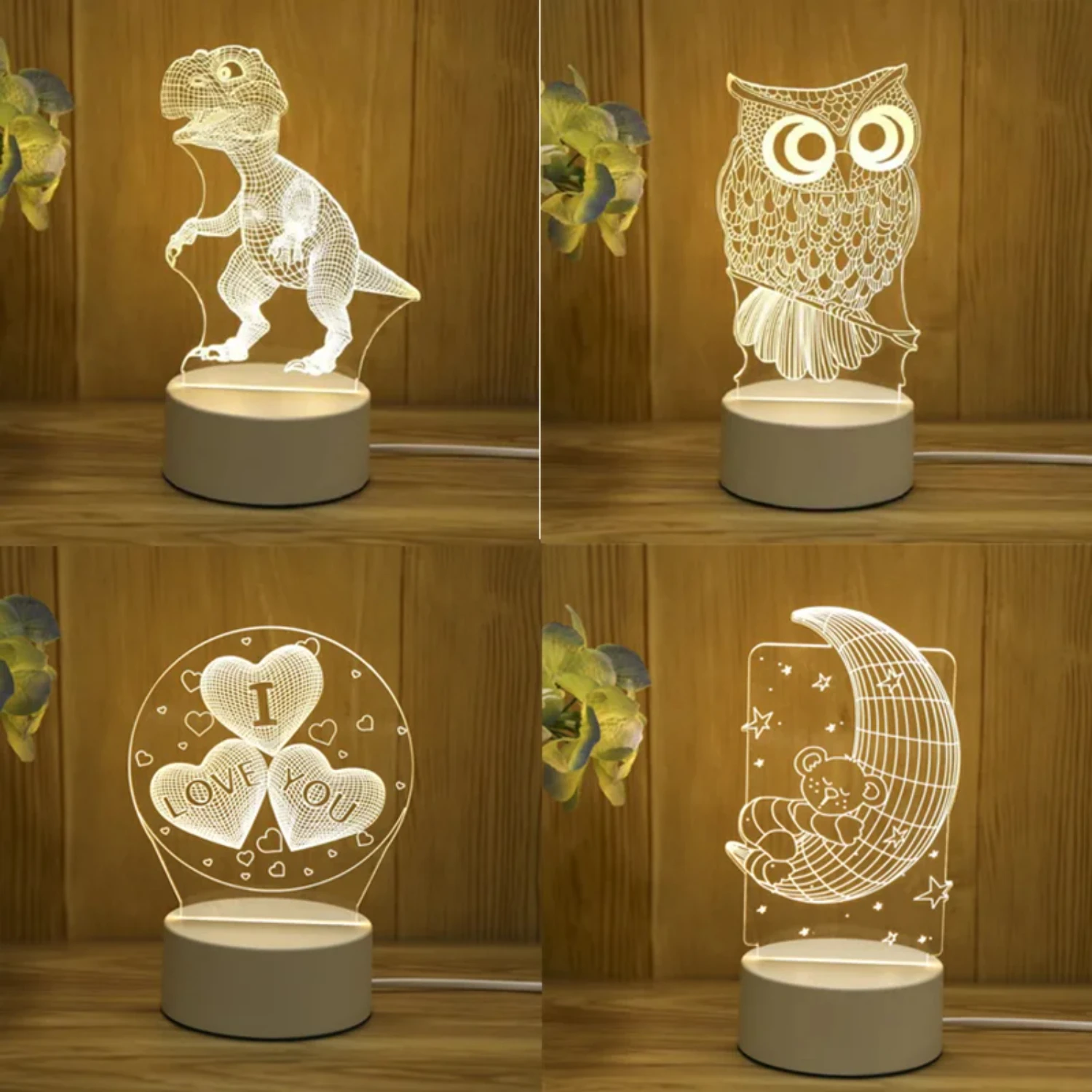 New Adorable Cute Animal Dinosaur Series 3D Acrylic USB Led Night Light - Unique and Charming Kid Child Bedroom Decoration Lamp