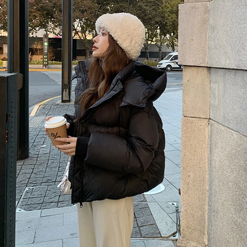 Windproof Zipper Up Stand Collar Puff Parkas Women Thicken Warm Hooded Down Cotton Coats Woman Korean Long Sleeve Short Parkas