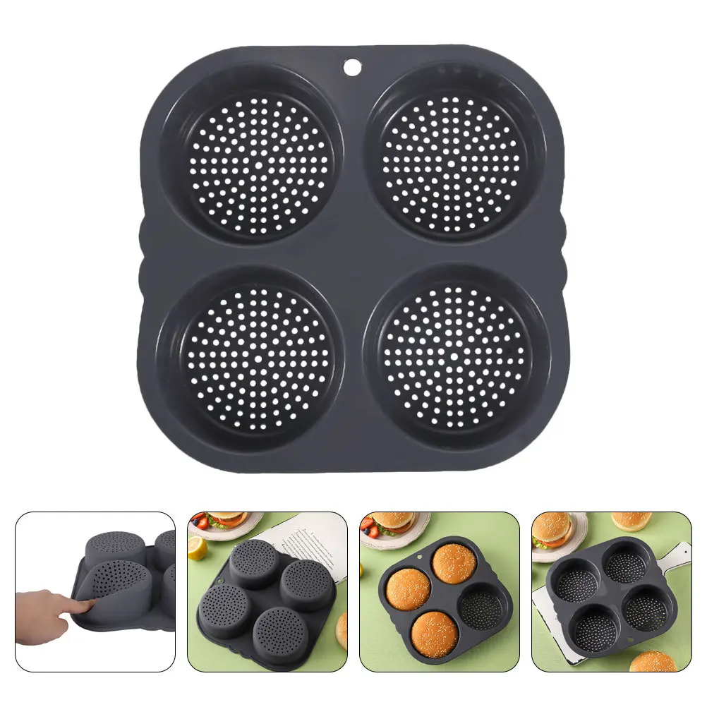 

4 Cavity Hamburger Bread Mold Non-Stick Heat Resistant Silicone Baking Pan for Burger Buns Small Cakes Desserts