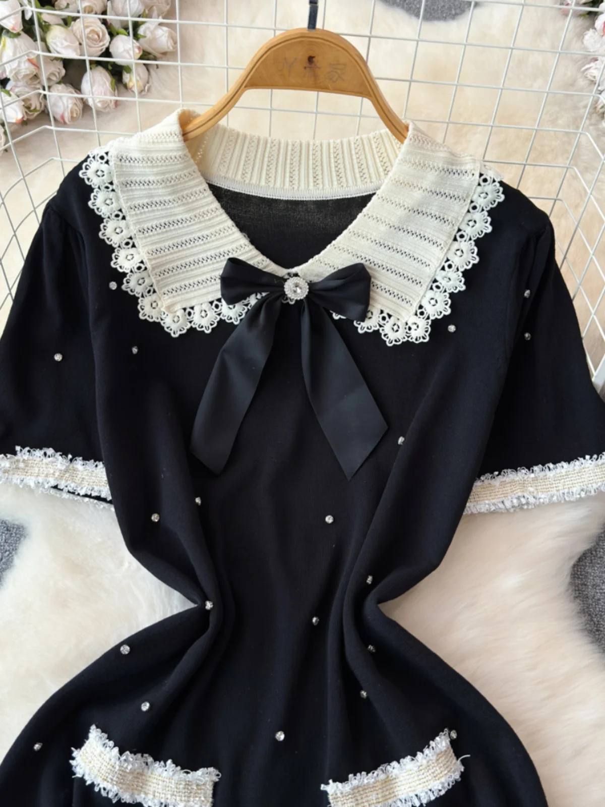 Ofallsis French Style Black Contrast Color Diamond Bow Doll Neck Dress Women's 2024 Summer New Fashionable Short Dresses Female