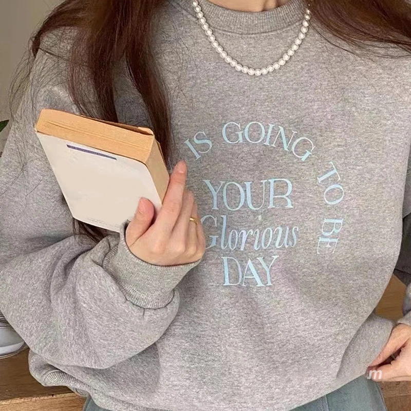 Korean Letter Print Round Neck Long Sleeve Loose Casual Sweatshirt For Women