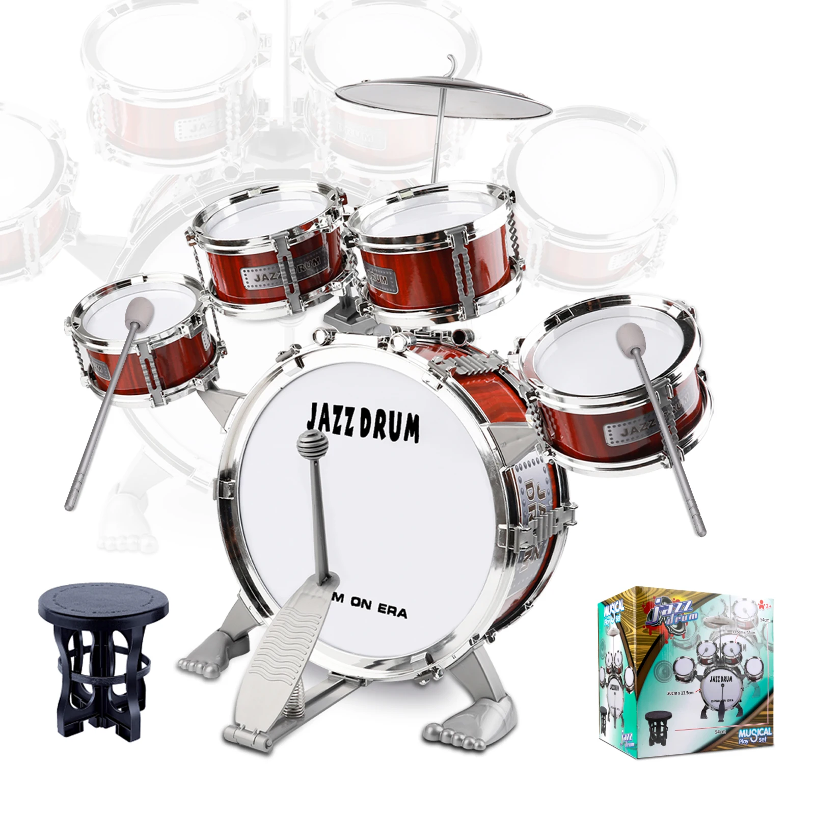 586-335 Kid Simulation Drum Set Junior Drums Kit for Beginners 5 Drums with Stools Drumsticks Cymbal Children Drum Toys