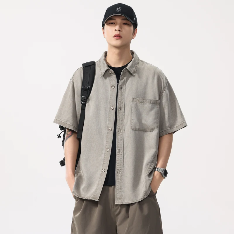 

Summer Lightweight Thin Lyocell Tencel Short-sleeve Shirt for Men American Vintage Washed Distressed Collar Shirt Plus Size Tops