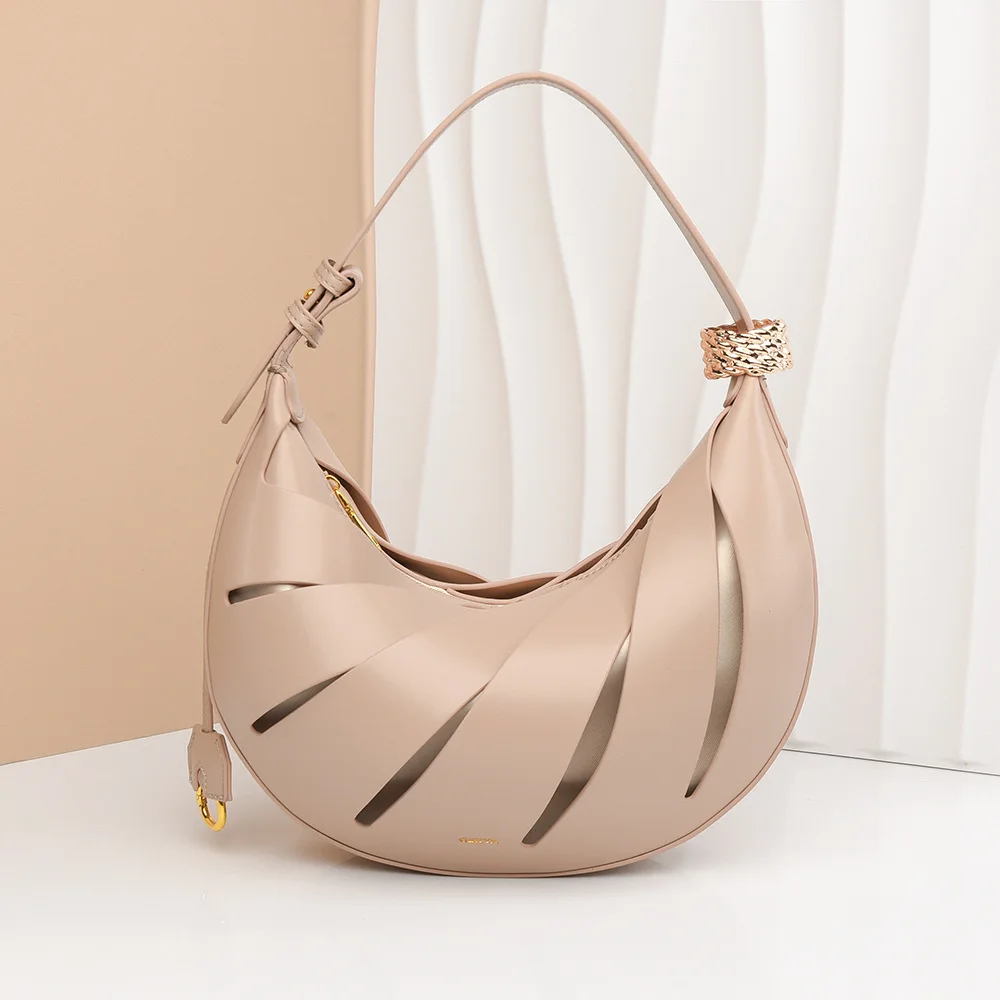 

Hand-woven Gold Handle Bird Nest Bag Exquisite Brand Luxury Niche Designer New Cream White Half-moon Shoulder Messenger Bag