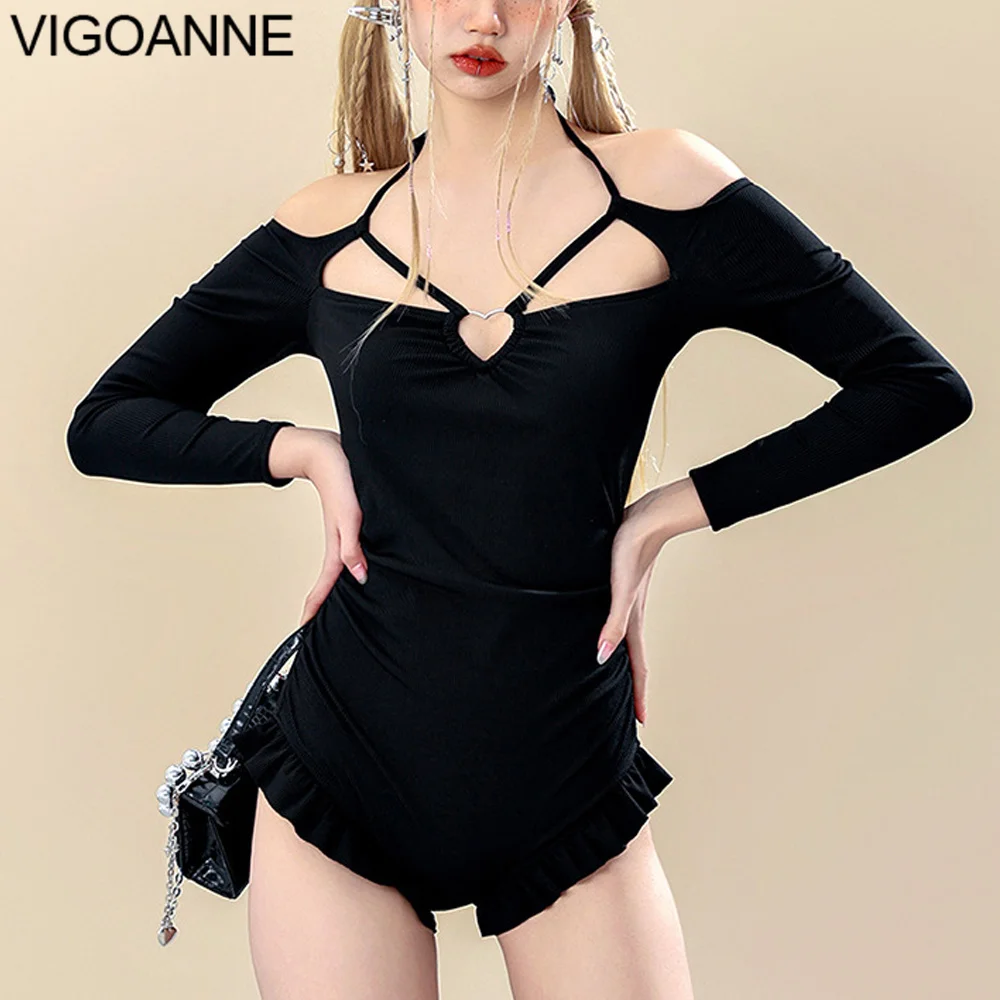 

VigoAnne Black Long Sleeve Swimwear Women 2024 Sexy Push UP Hollow One Piece Swimsuit Korean Closed Monokini Beach Bathing Suit