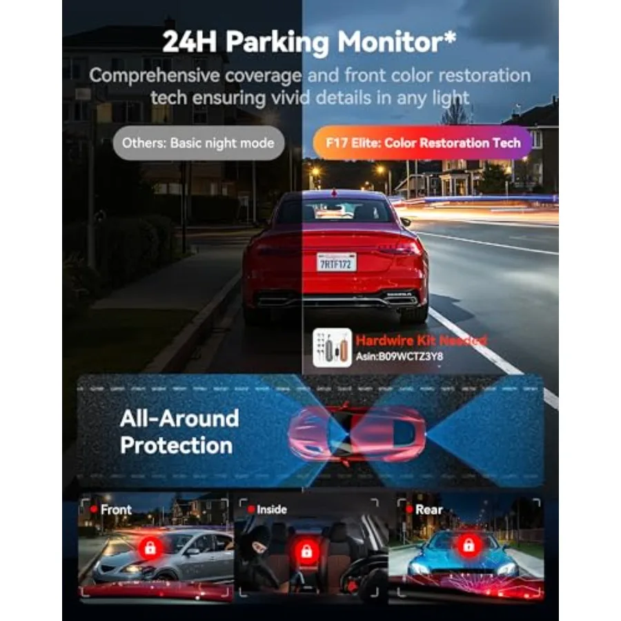 F17 Elite 4K Dash Cam 3 Channel, STARVIS 2 IMX678 and IMX675, 128GB Card, Full Night Color, 4K+2.5K+1080P Front and Rear Inside view 4