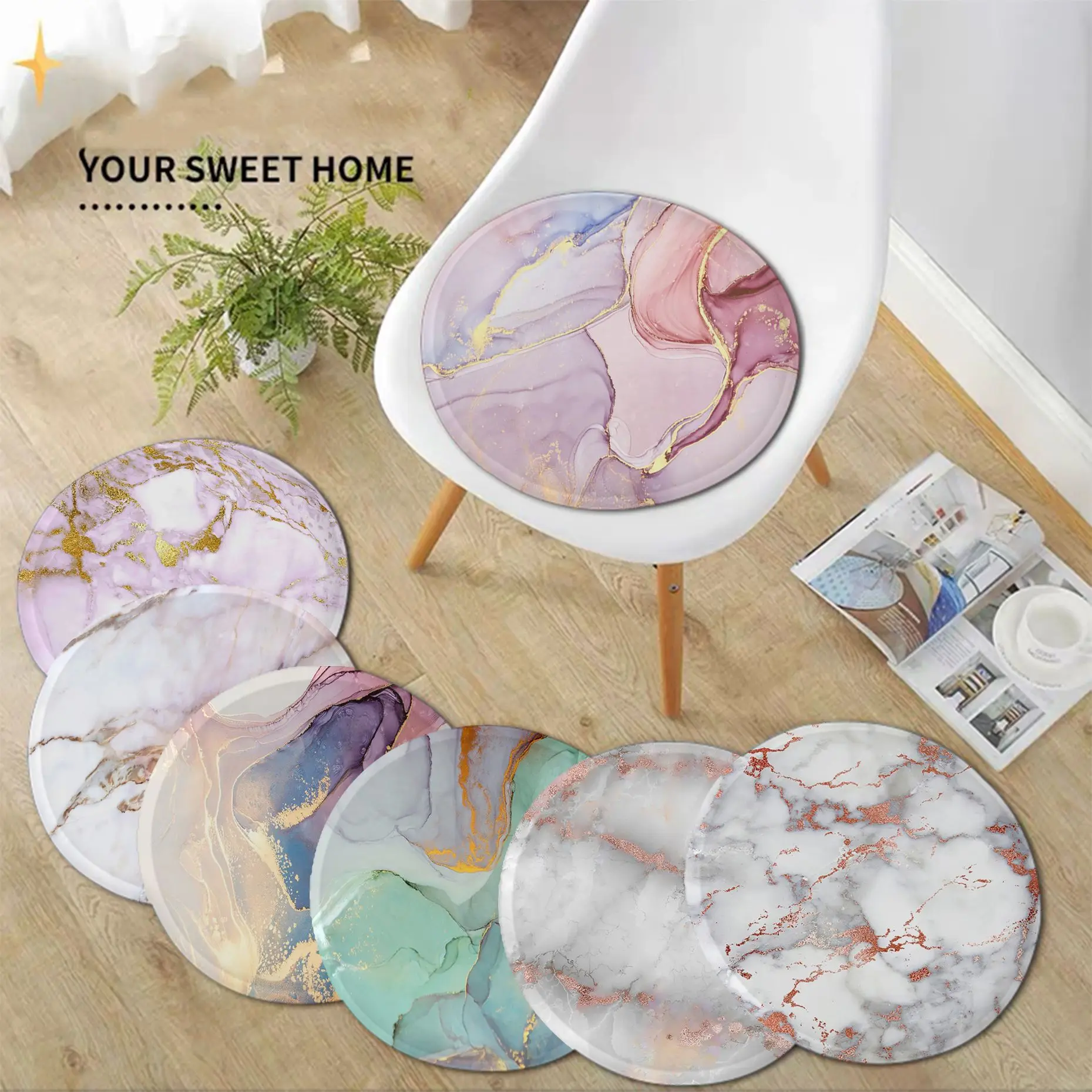 Watercolor Marble Round Stool Pad Patio Home Kitchen Office Chair Seat Cushion Pads Sofa Seat 40x40cm Chair Cushions