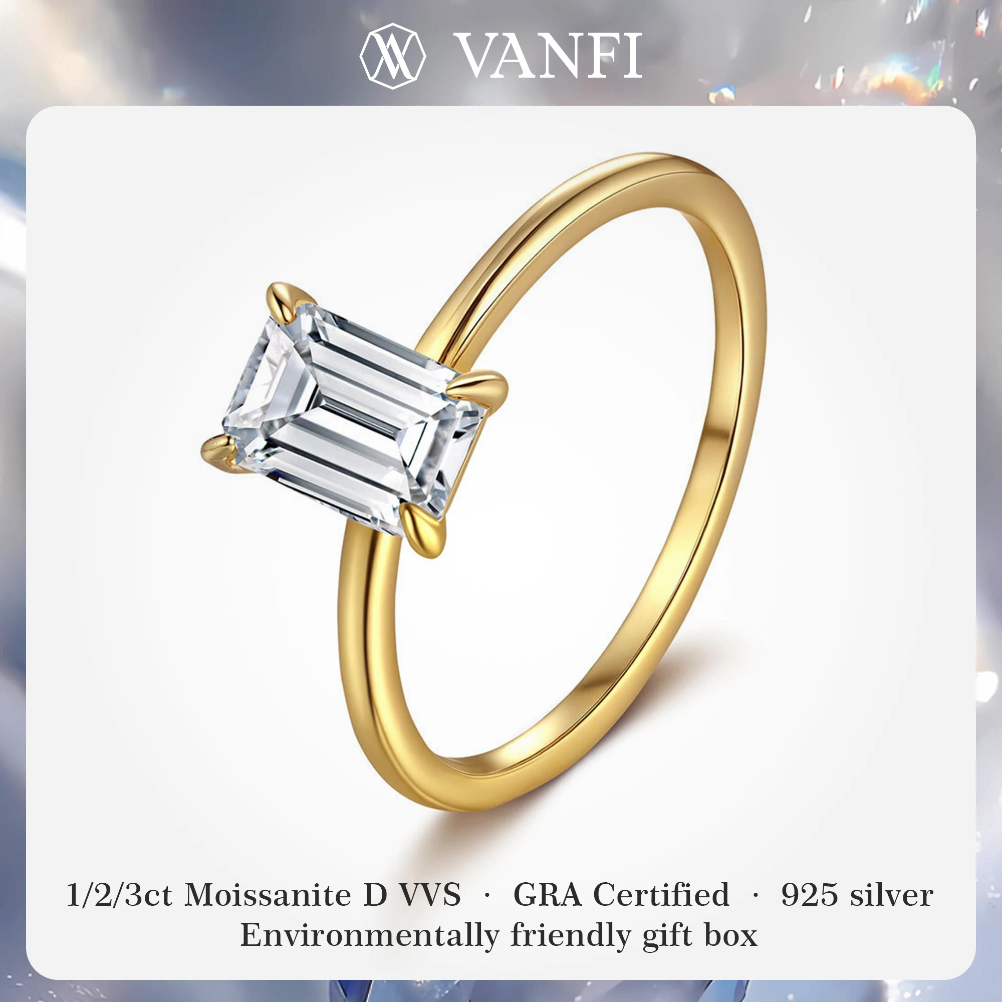

Kfvanfi 1/2/3 карата GRA Moissanite D VVS стерлингового серебра 925 пробы прямоугольное женское кольцо с лабораторным бриллиантом и 18-каратным золотом, ювелирные изделия для вечеринок