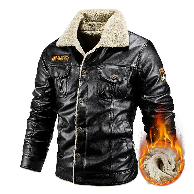 

Winter Men;s Motorcycle Leather Jacket Plus Fleece Warm PU Leather Coat Multiple Pockets Cargo Leather Jackets Male