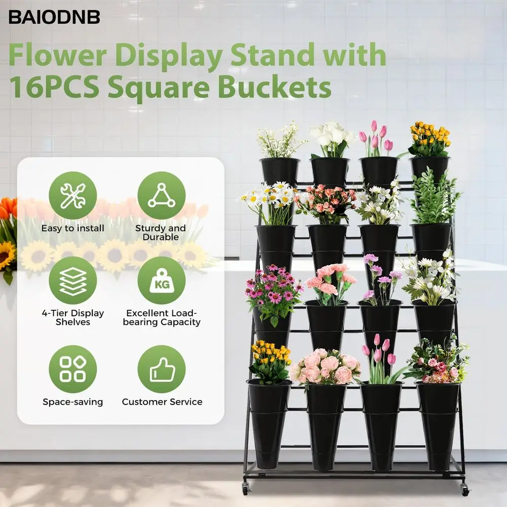 

Display Stand with 16 Pcs Plastic Flower Buckets, 4 Tiers Metal Planter Organizer Plant Floral Cart with Universal WheelsFloris
