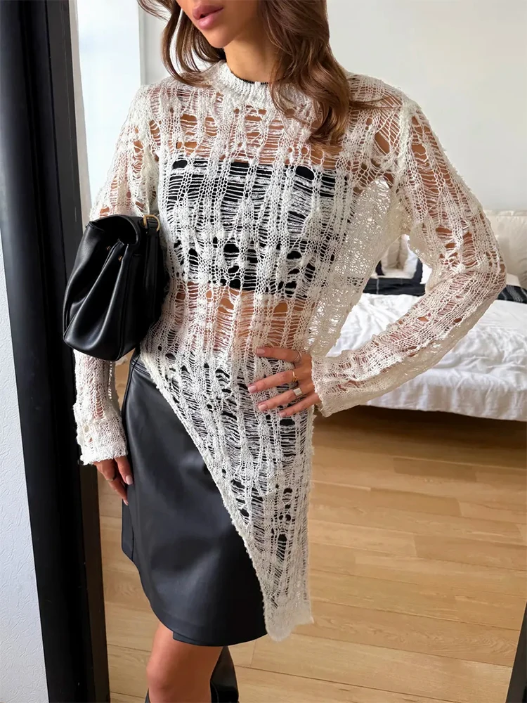 Trendix Sheer Hollow Out Knit Top Women's O Neck Long Sleeve Asymmetric Knitted Jumper Party Club Sexy See Through Pullover Tops 5
