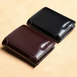 Rfid anti-roubo escova carteira de couro genuíno homens carteiras ultrafinos curto masculino bolsa titular do cartão carteira masculina vintage alta qualidade