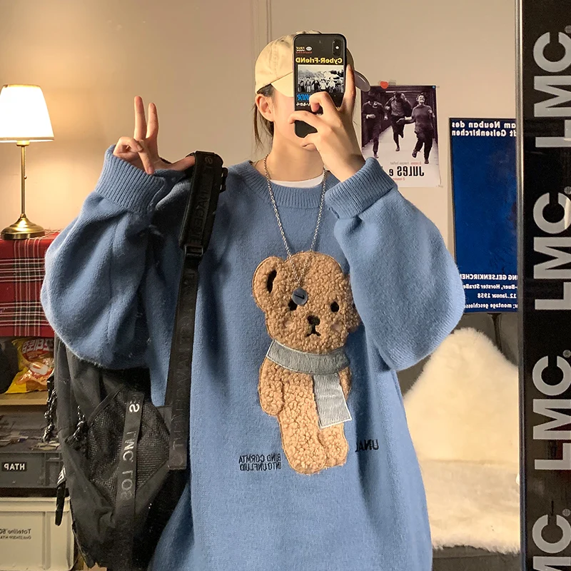 Women Pullovers Winter Jumpers Knitwear Cute Bear Sweater Knitted Harajuku 2021 Round Collar Loose Pullovers Oversized Teens New