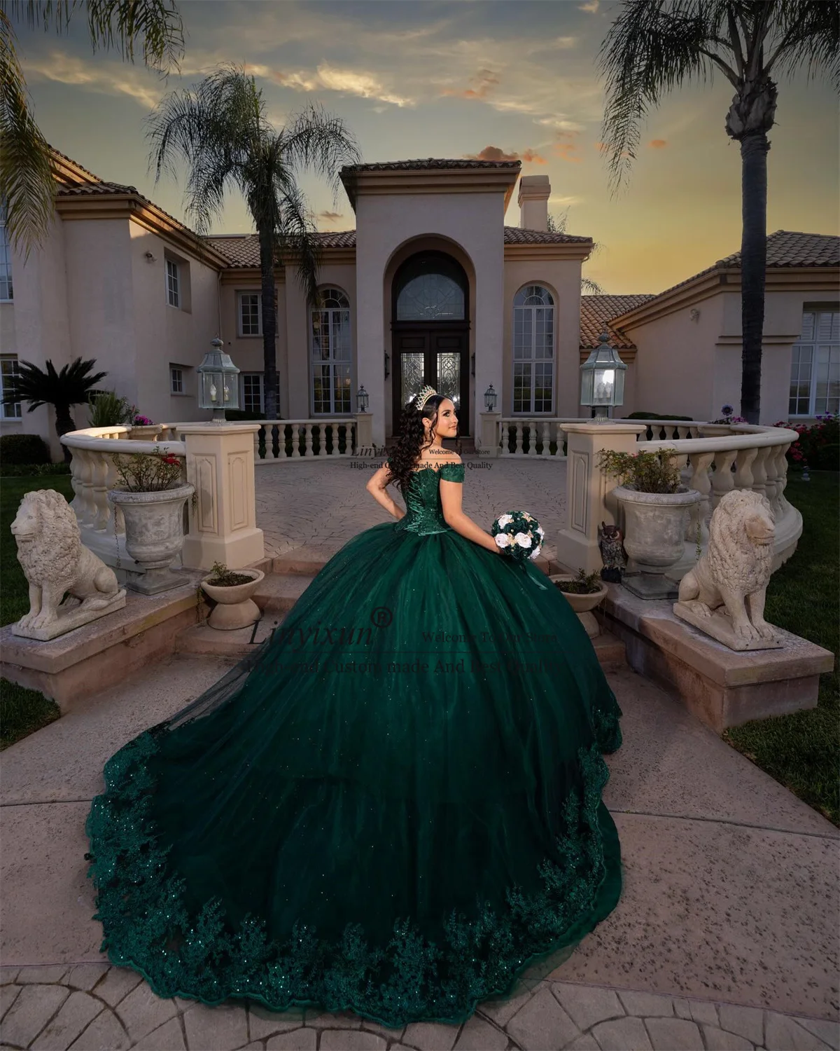 Vestido De quinceañera verde con Apliques De encaje y lentejuelas, vestido De fiesta con hombros descubiertos, 15 y 16 años