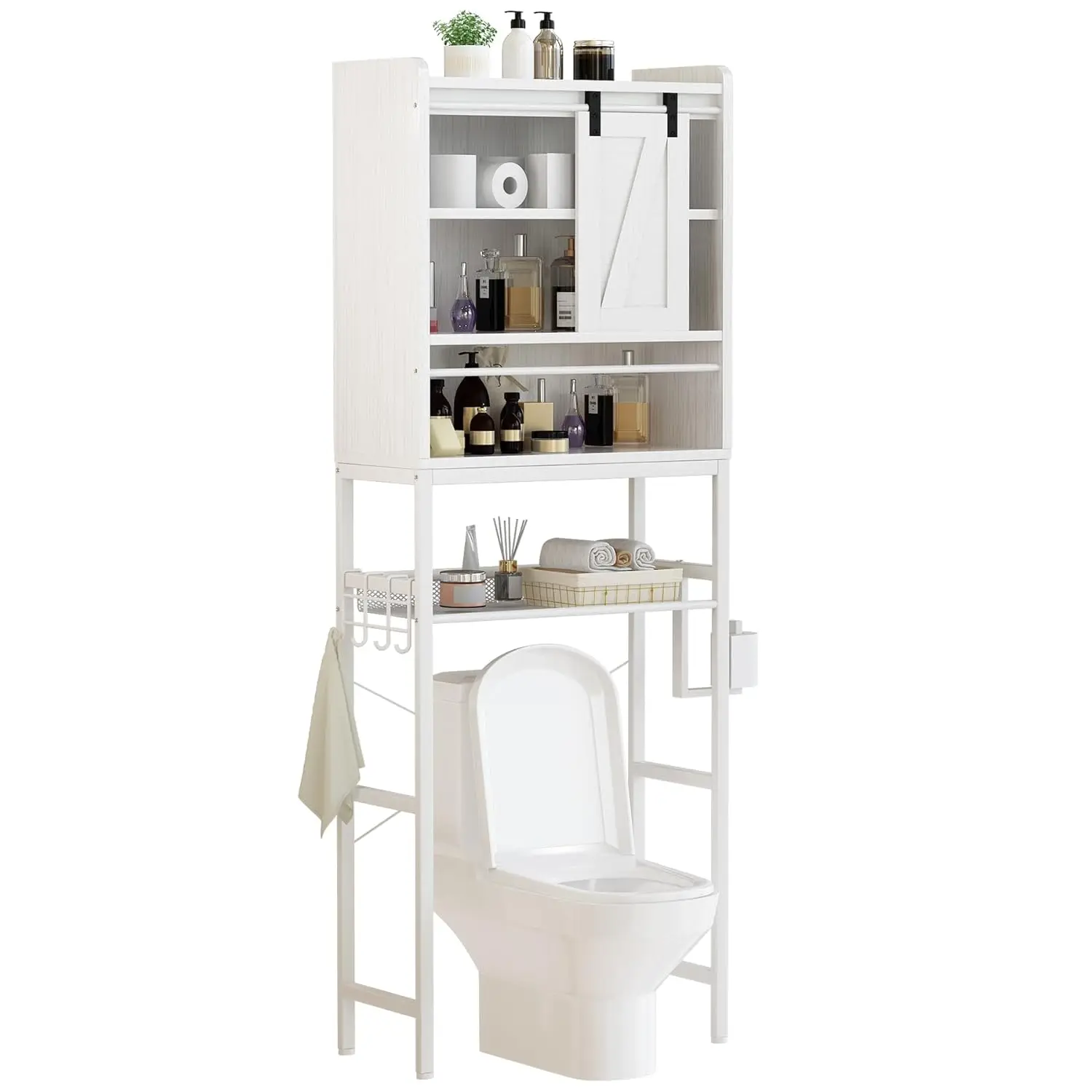 

White Retro Over Toilet Storage Cabinet Adjustable Shelf Paper Hook Space Saving Bathroom Organizer 23.6"x9.4"x68.9",Customized