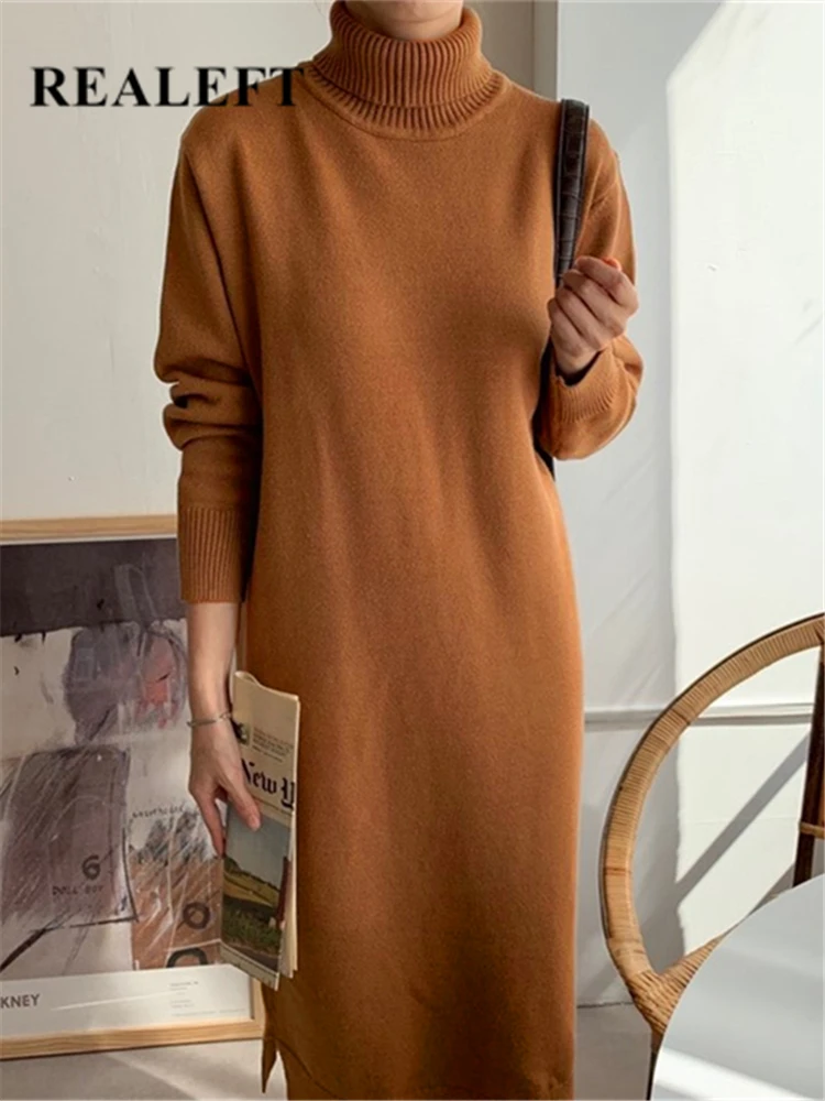 

REALEFT Autumn Winter Loose Turtleneck Dress Female Straight Sweater Dresses Long Sleeve Knitted Womens Long Dresses 2023 New