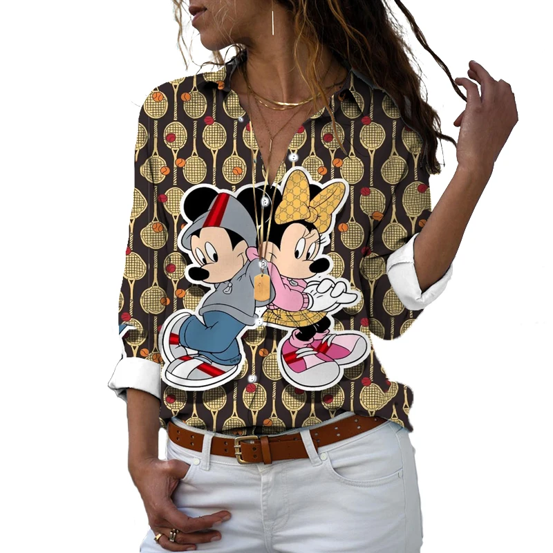 Floreale elegante camicia con risvolto Harajuku Casual femminile Disney Top temperamento camicia a maniche lunghe elegante Top Fashion camicia allentata Y2K