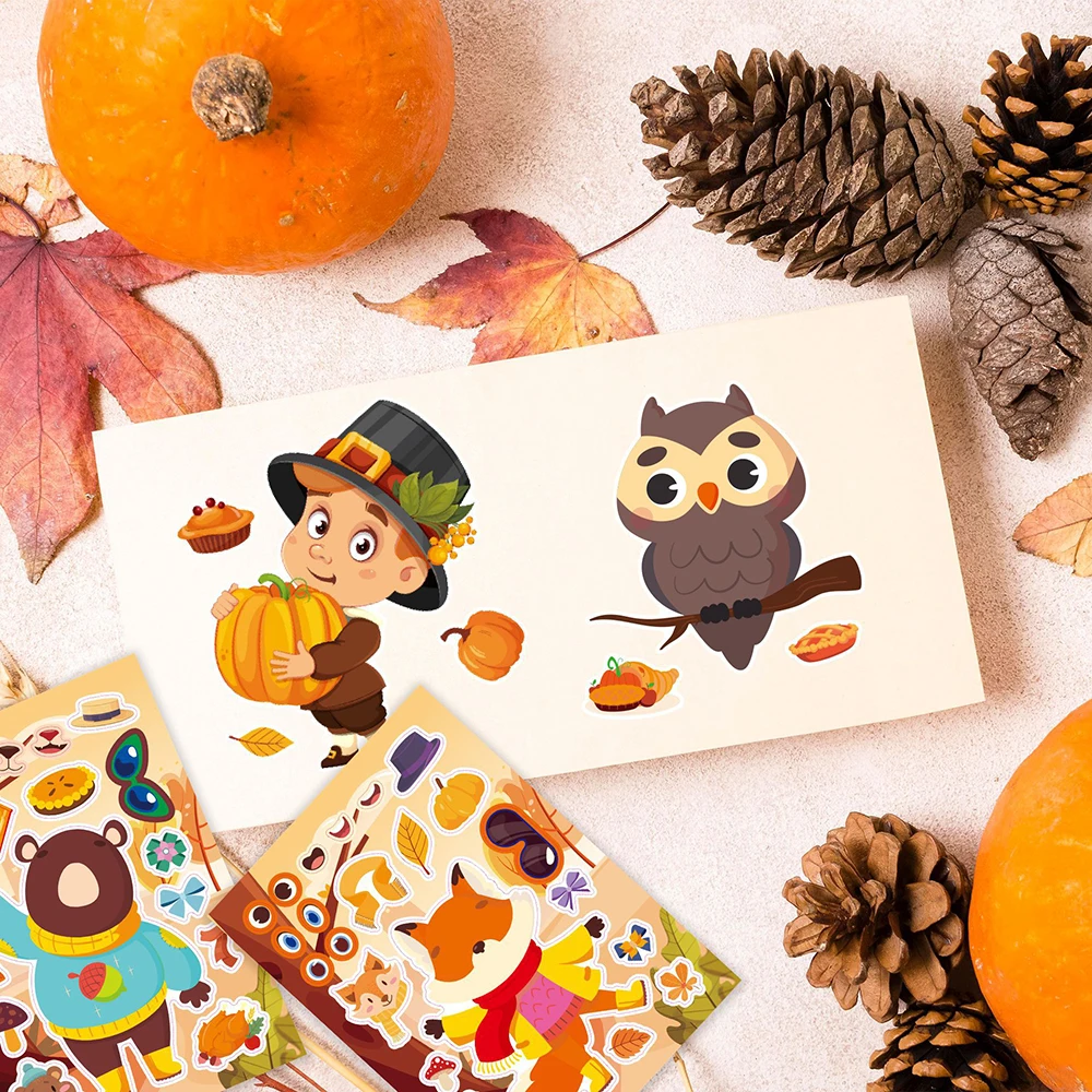 8/16Sheets Thanksgiving Day Turkey Puzzle Stickers Children Make a Face Cartoon Assemble Jigsaw Kids Toys DIY Game Decoration