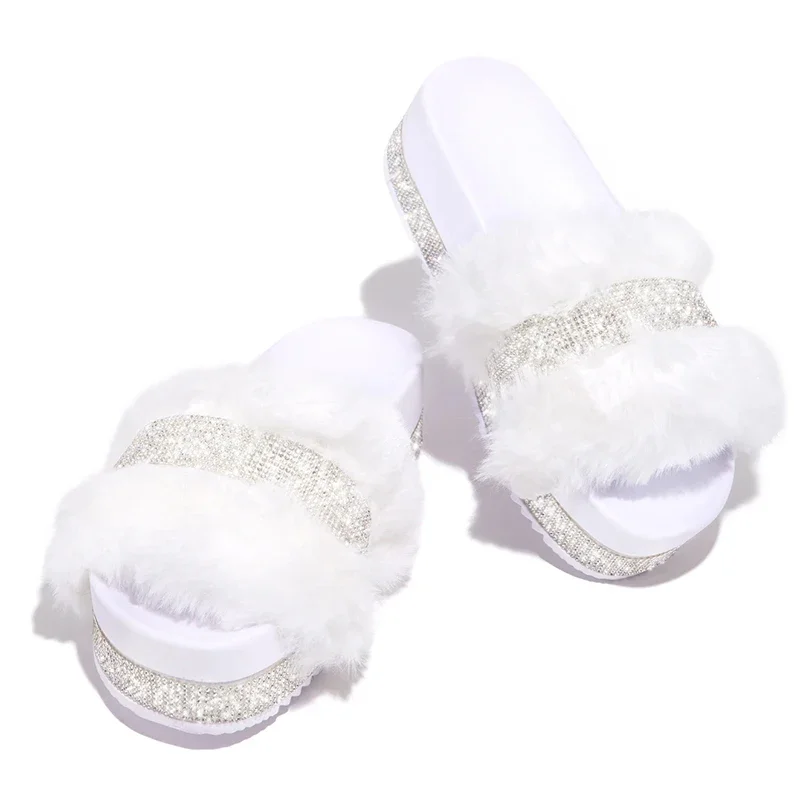 Luxury Designer Women Fur Rhinestone Slippers Platform Wedges Heel Solid Fluffy Furry Slides Outside Sexy Shoes Ladies Whosale