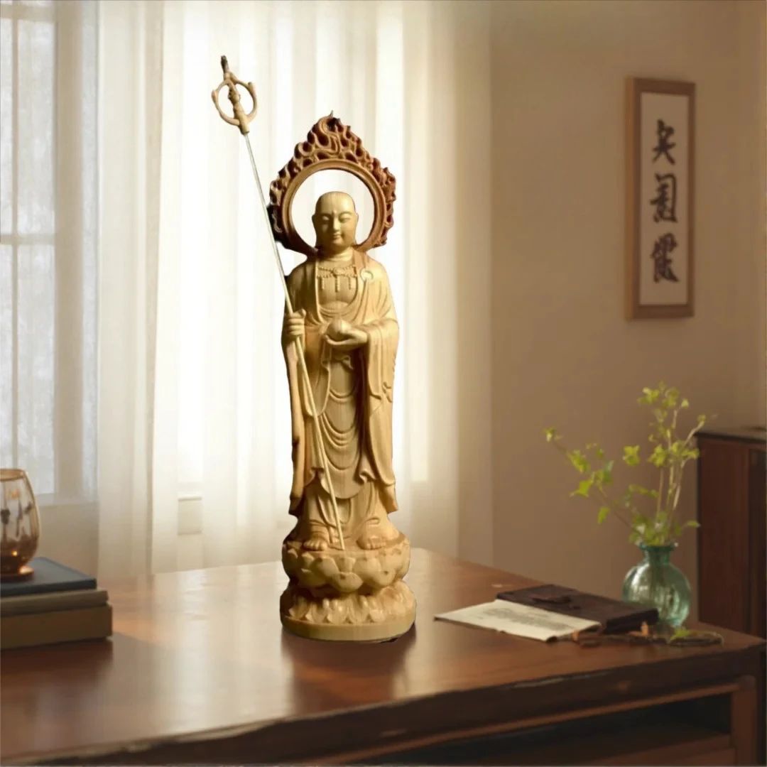 Natural Cypress Ksitigarbha Bodhisattva Statue - Buddhist Figure for Home Room Office Feng Shui Decorative Ornament