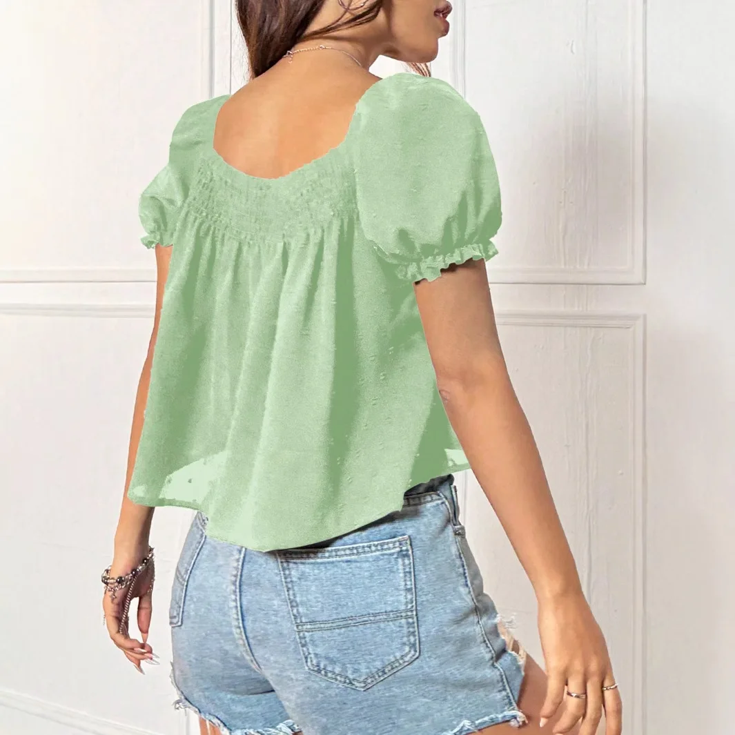 Summer Women's ort Top Sweet Sle Loose Fit Bubble Sve Pure Color irt Polyester Nylon Material Square Collar Design