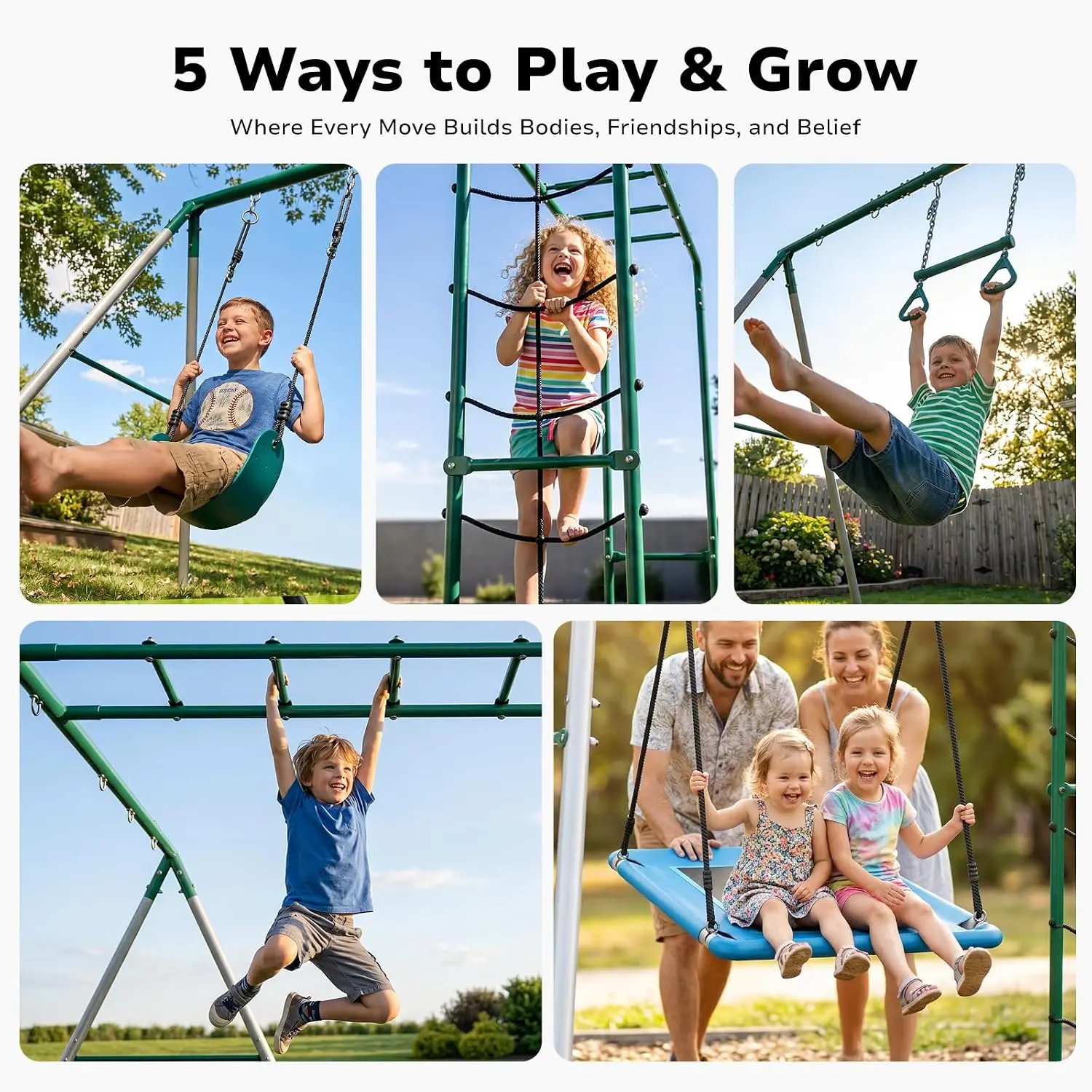 Outdoor Swing Set With Monkey Bars 5-in-1 Playground Metal Frame Backyard Play Equipment, Customized