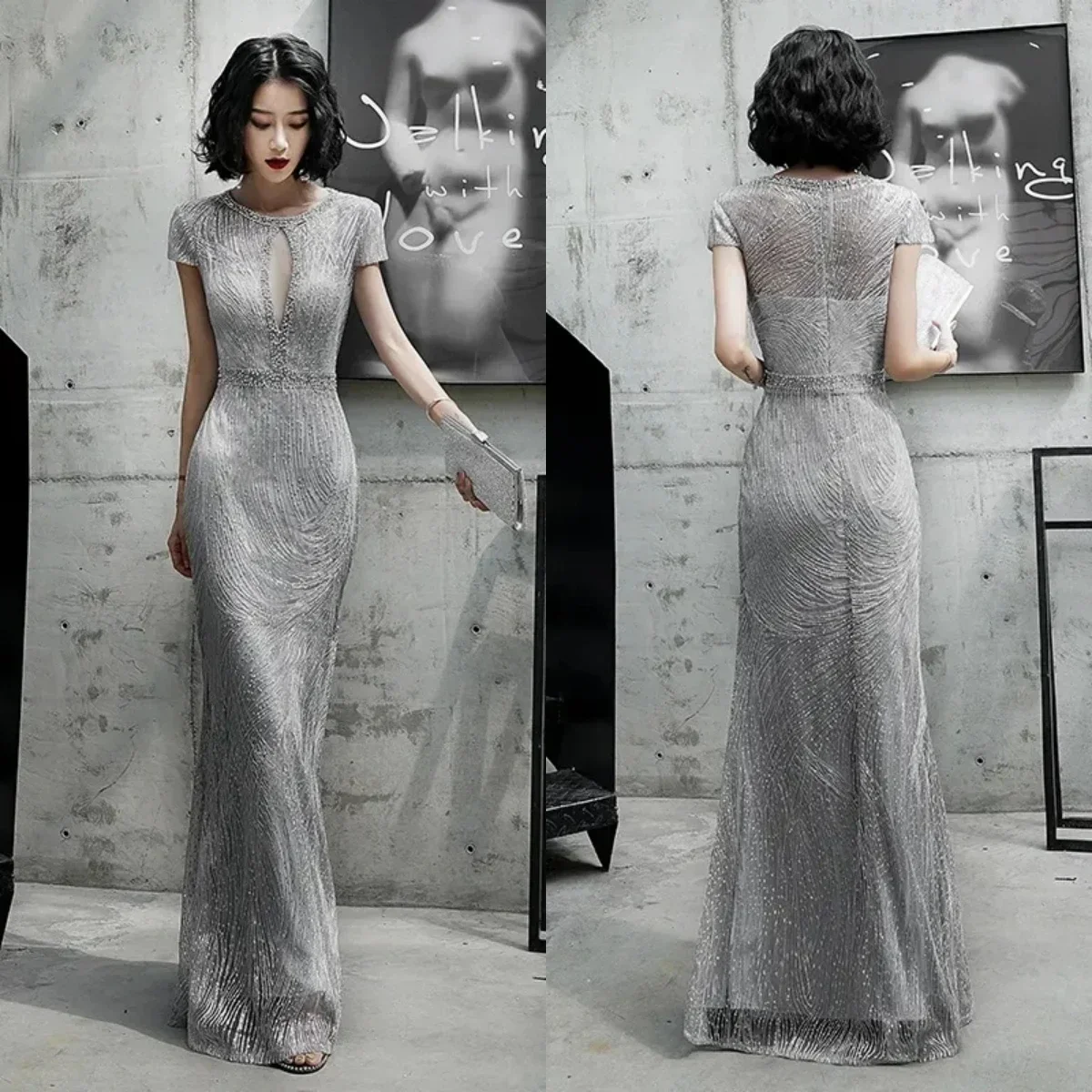 Evening Dresses Gray Burgundy Beads O-Neck Short Sleeves Zipper Back Straight Floor-length Plus size Women Party Gowns A174