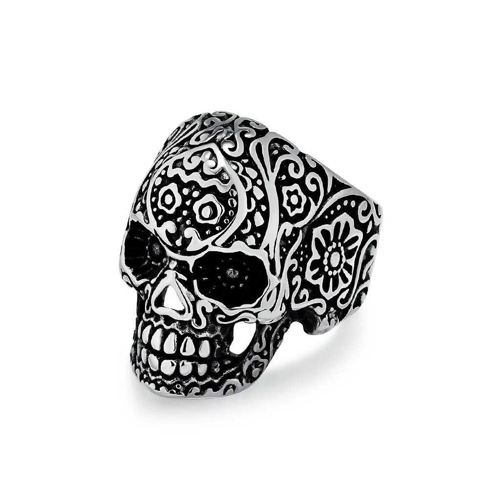 Retro Floral Skull Ring für Männer Punk Gothic Verstellbarer offener Ring Biker Schmuck Rock Hiphop Streetwear Unisex Accessoires Geschenk