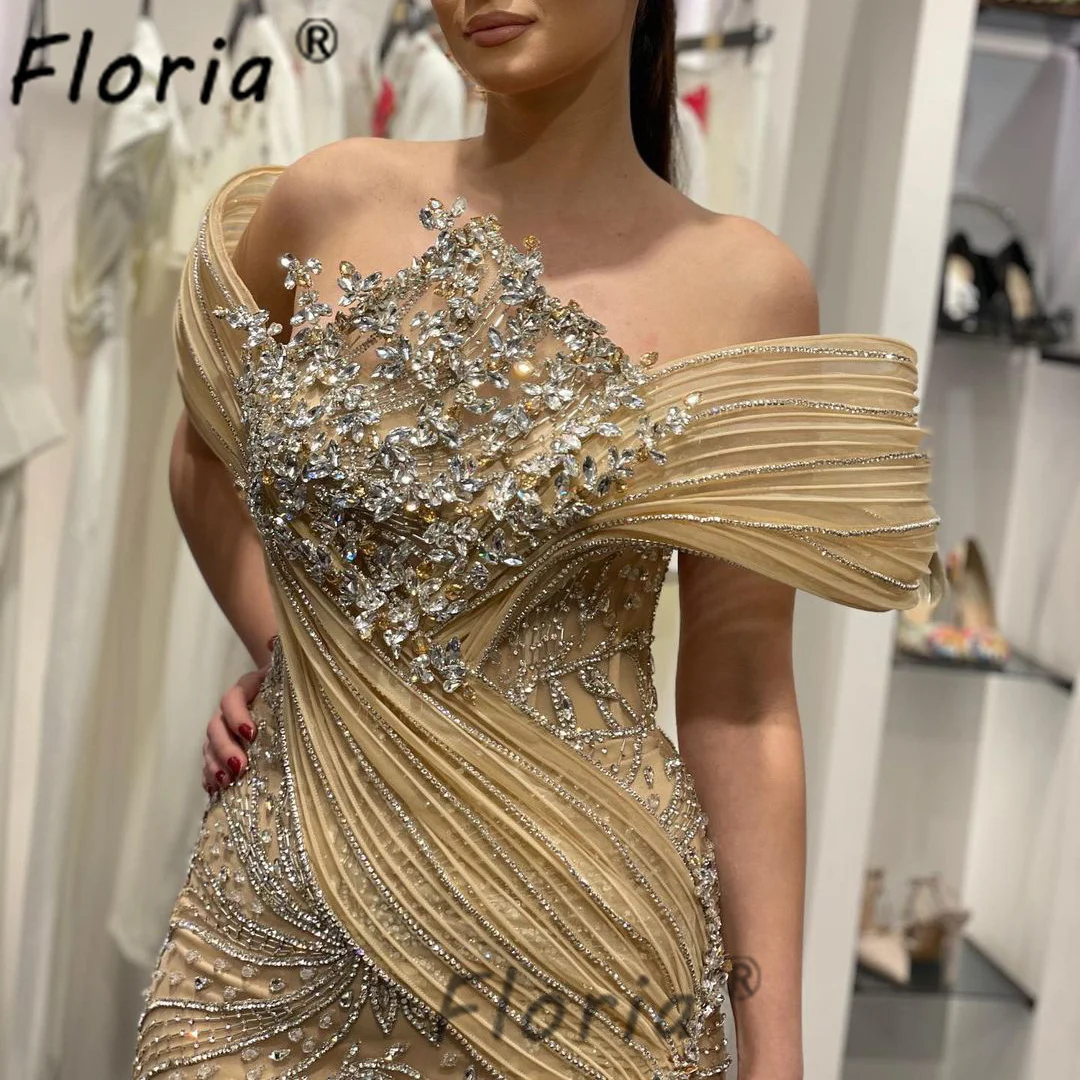 Luxury Dubai Champagne Beaded Mermaid Evening Party Dress Crystal Off the Shoulder Customized Couture Special Occasion Dresses