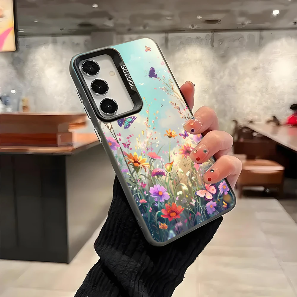 Phone Case for Samsung Galaxy A13 A14 A23 A02S A03 A05 A05S A52 A54 5G Shockproof Grey Silvery Phone Cover Cartoon Flower Fundas