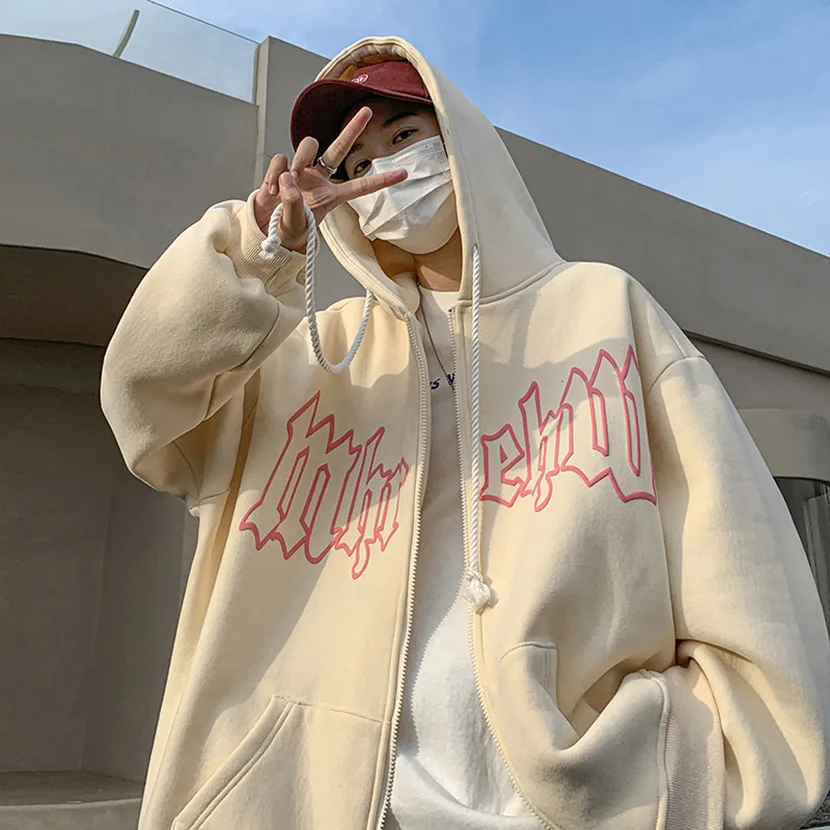 

American Sle Men's Zipper Hoodie Spring Autumn New Heavyweight Open Cardigan Retro Oversize Casual Faion Sweatirt