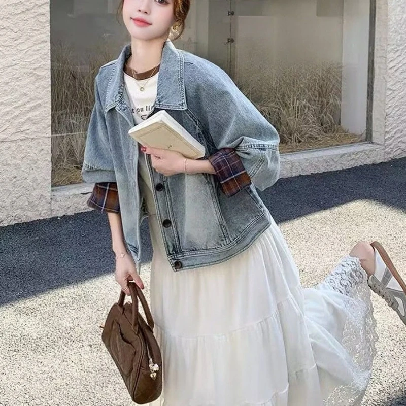 

Women's Plaid Patchwork Denim 2025 Spring Autumn Casual Loose Vintage Hong Style Short Denim Coat