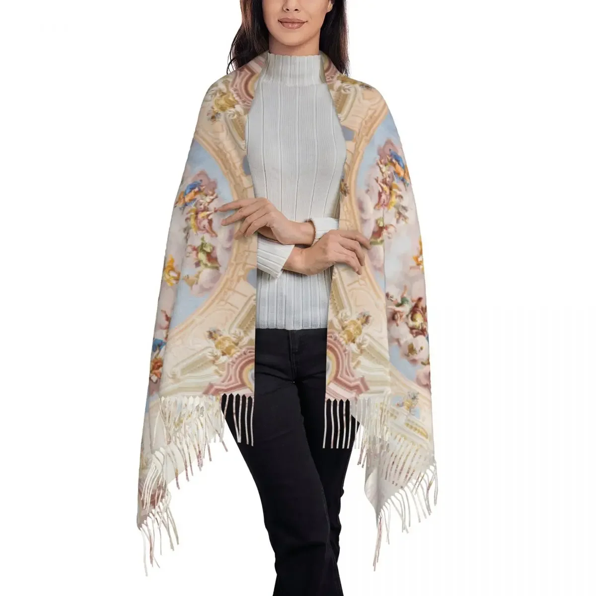 Renaissance Ceiling Art Scarf Wrap Women Long Winter Warm Tassel Shawl Unisex Vintage Gods Angels Fresco Scarves