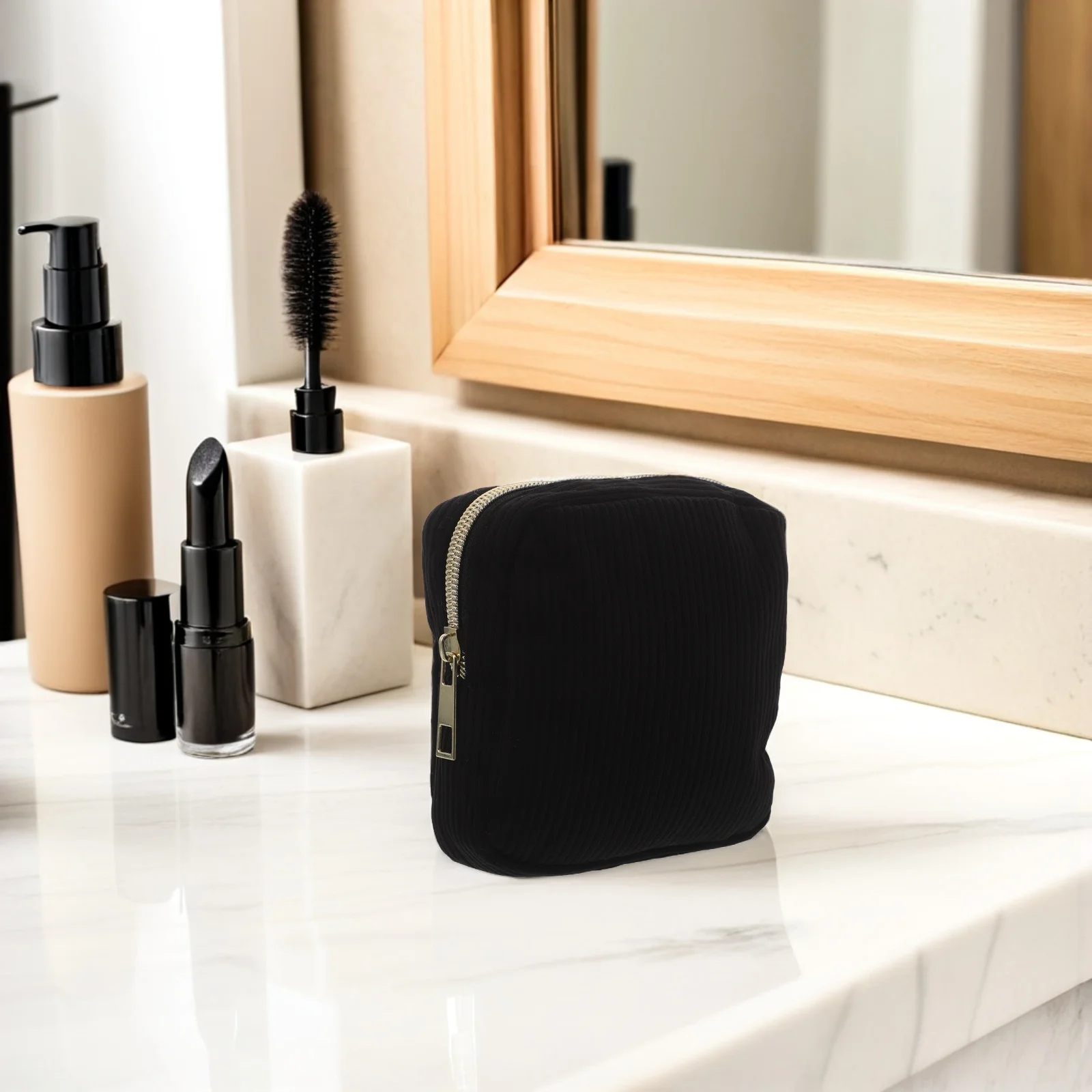 Compact Small Makeup Bag for Purse Black Mini Travel Case Women Girls Portable Organizer Toiletries Storage Bag Daily